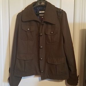 Military style coat with detachable fur hood